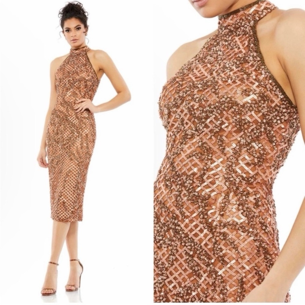Mac Duggal Copper Sequin Midi Cocktail Dress NWT size 6
